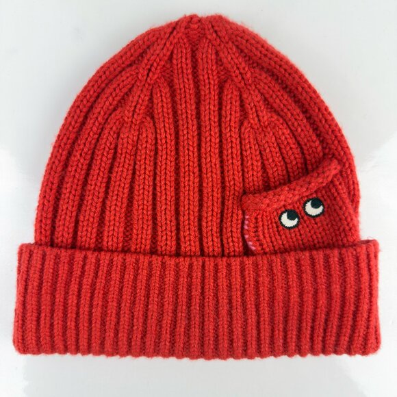 ANYA HINDMARCH x UNIQLO Heattech Pocket Eyes Red Wool-Blend Unisex Knit Beanie - Picture 3 of 4